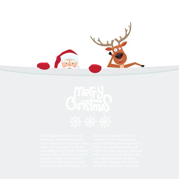 Drăguț desen animat Moș Crăciun și reni în spatele panoului publicitar gol . — Vector de stoc