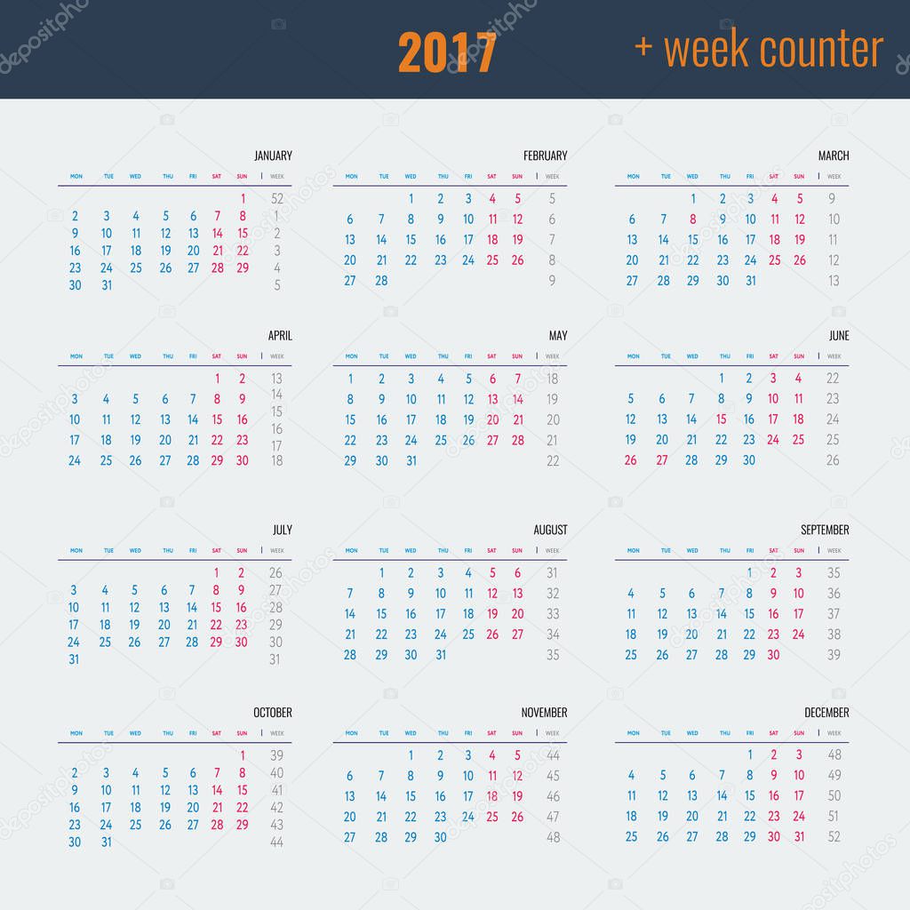  Kalender  illustratie Vector sjabloon met week  counter 
