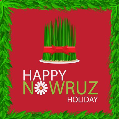 Nevruz tatil çim semeni kırmızı kurdele ile plaka üzerinde