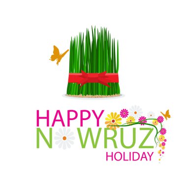 Nowruz holiday grass semeni on plate with red ribbon clipart