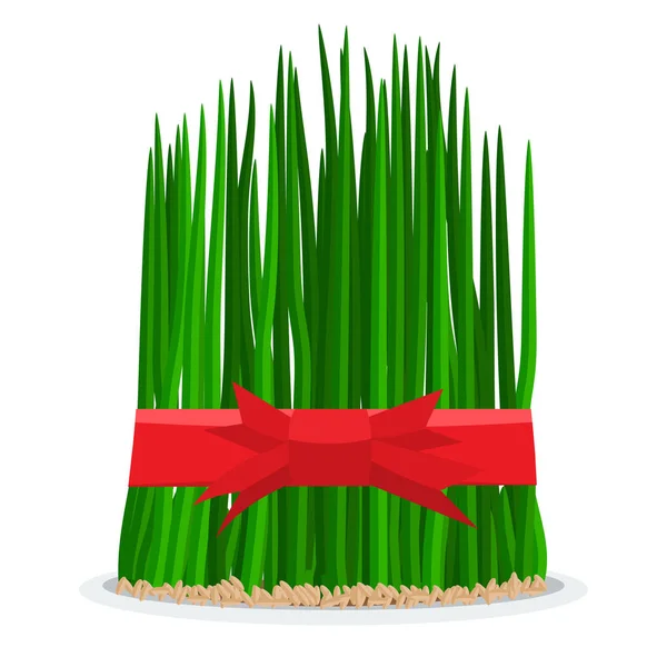 Semeni trawa wakacje Nowruz na płycie z czerwoną wstążką — Wektor stockowy