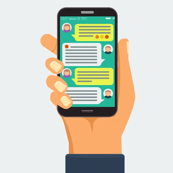 Chatten mit Chatbot auf Smartphone, Online-Konversation — Stockvektor