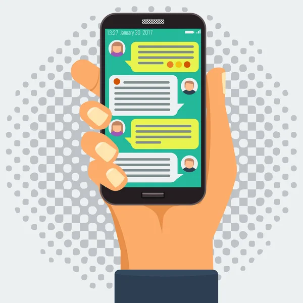 Κουβεντιάζοντας με chatbot στο έξυπνο τηλέφωνο, διαδικτυακή συνομιλία — Διανυσματικό Αρχείο