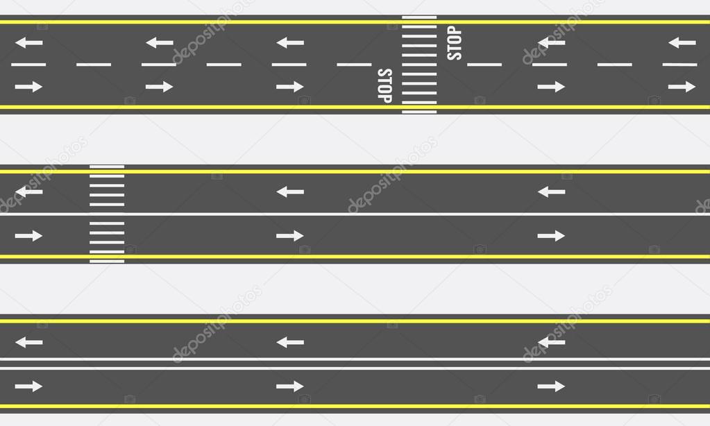 Vector Seamless asphalt road and highway types from top view.