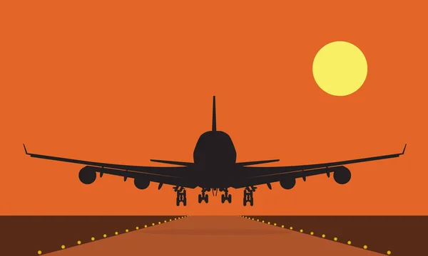 Avión de aterrizaje sobre pista al atardecer. Color plano y sólido — Vector de stock