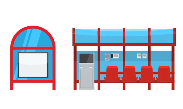 Bushaltestelle mit Sitzgelegenheiten und Bezahlkiosk. Front- und Seitenansicht. — Stockvektor