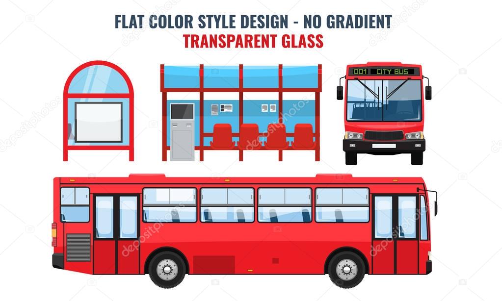 Cool modern flat design public transport. Bus stop structure and city bus