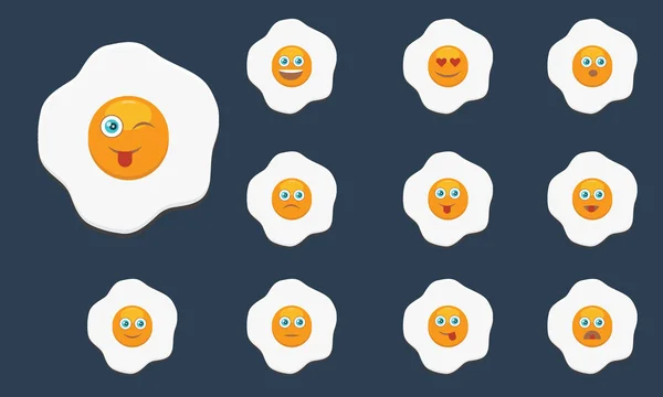 Conjunto de ovo frito com emoji. Projeto de cor plana e sólida . — Vetor de Stock