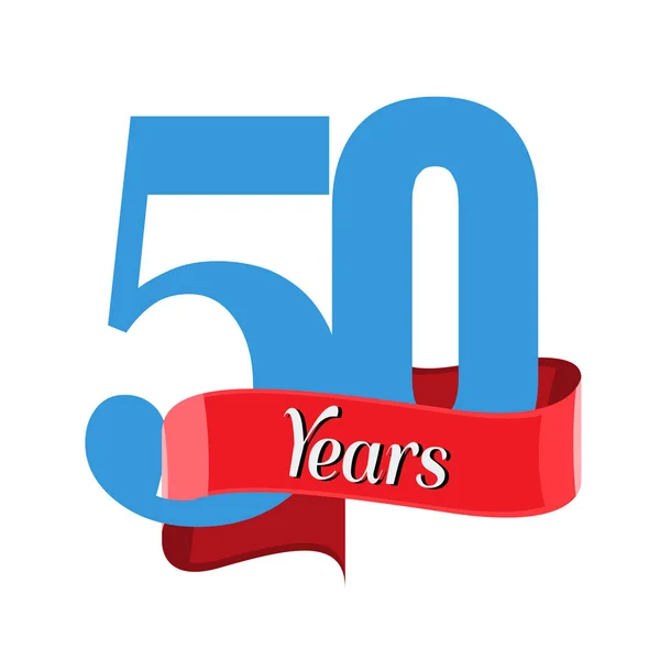 Logo anniversaire 50 ans avec ruban rouge. Vecteur de style plat — Image vectorielle