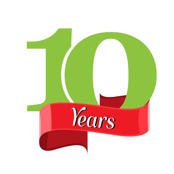 Logo anniversaire 10 ans avec ruban rouge. Vecteur de style plat — Image vectorielle