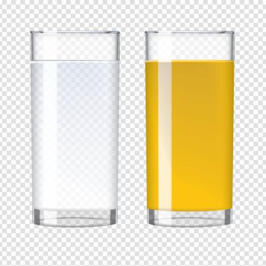 Taze portakal suyu ve bir bardak saf su. Şeffaf gerçekçi vektör.