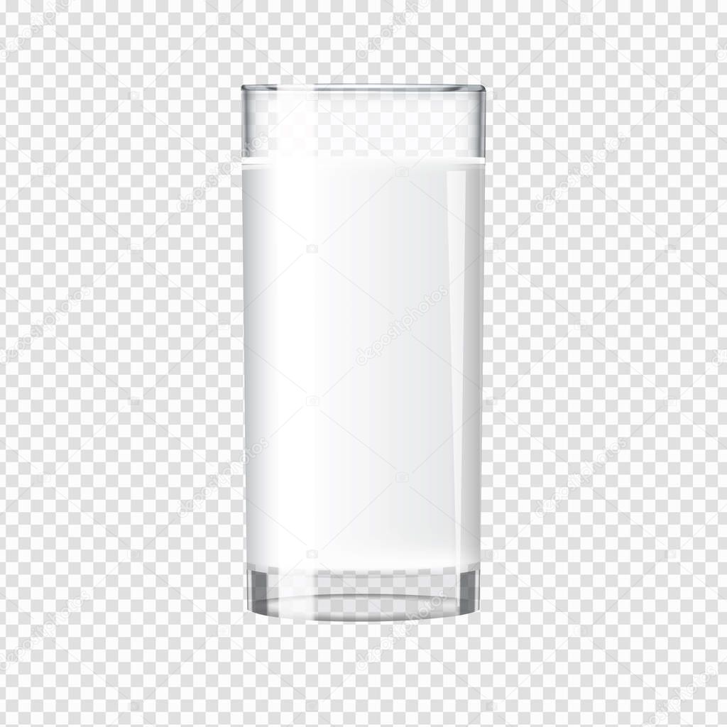 Milk in a transparent glass mock up. Tall glass with beverage. Vector illustration.