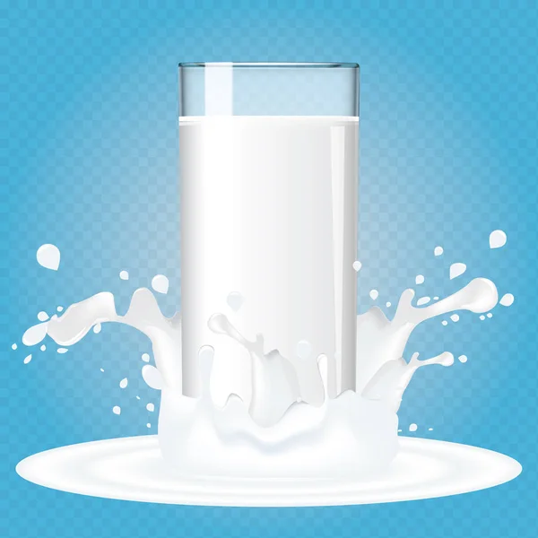 Leche fresca de vidrio transparente en salpicaduras de leche. Ilustración vectorial realista — Archivo Imágenes Vectoriales