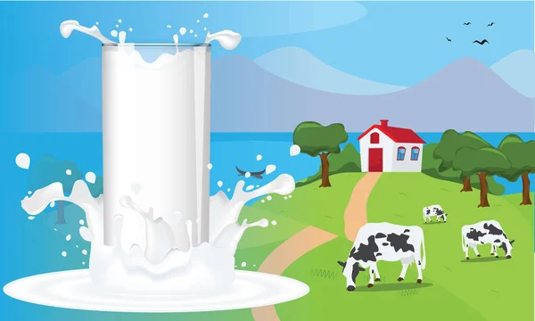 Um respingo de leite em um copo com país ou fazenda paisagem vetor ilustração . —  Vetores de Stock
