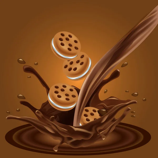 Anúncio de biscoitos de chocolate sanduíche, fluxo de chocolate com biscoitos. Layout de publicidade para o seu design de pacote — Vetor de Stock