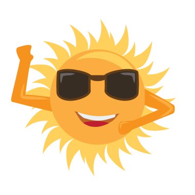 Mutlu karikatür tarzı güneş güneş gözlüğü ile gülümseyen ve Selam
