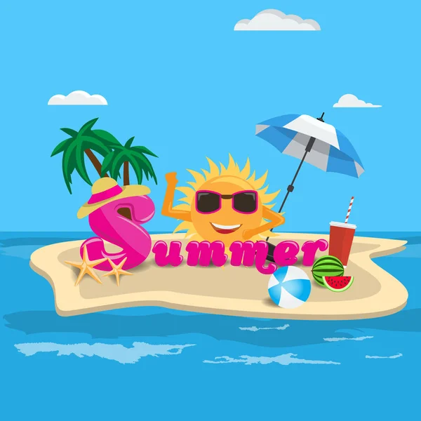 Summer vector banner design concept with summer cartoon calligraphy and beach island with summer elements. — Stock Vector