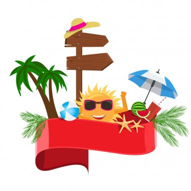 Yaz vektör afiş tasarım konsepti, metniniz için boş kırmızı kurdele ile.