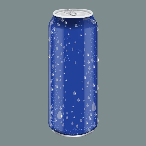 Bebida de alumínio de metal azul com gotas de água. Mockup para embalagem de produtos. Bebida energética pode 500ml, 0,5L . — Vetor de Stock