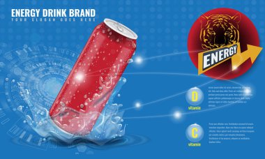 Enerji içecek metal mockup su sıçrama ve reklam düzen 3d şablonu tasarım için damla olabilir. Resimli vektör.