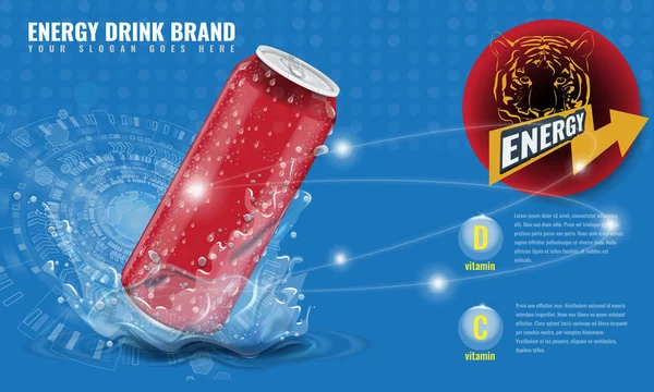 Ενεργειακό ποτό μέταλλο μπορεί να κοροϊδεύω με water splash και σταγόνες για διαφήμιση τρισδιάστατο πρότυπο διάταξης για το σχέδιό σας. Εικονογραφημένα διάνυσμα. — Διανυσματικό Αρχείο