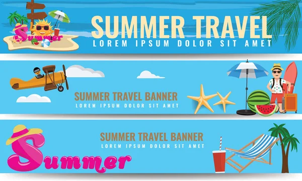 矢量夏天旅行水平横幅海滩遮阳伞、 波与男子冲浪板设置 — 图库矢量图片