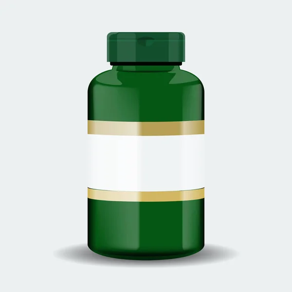 Caixa de comprimidos. Recipiente médico verde. Ilustração vetorial isolada sobre fundo branco — Vetor de Stock