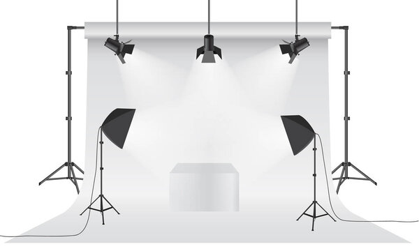 Empty photo studio. Realistic 3D white backdrop paper with tripod mock up design. Gray background.