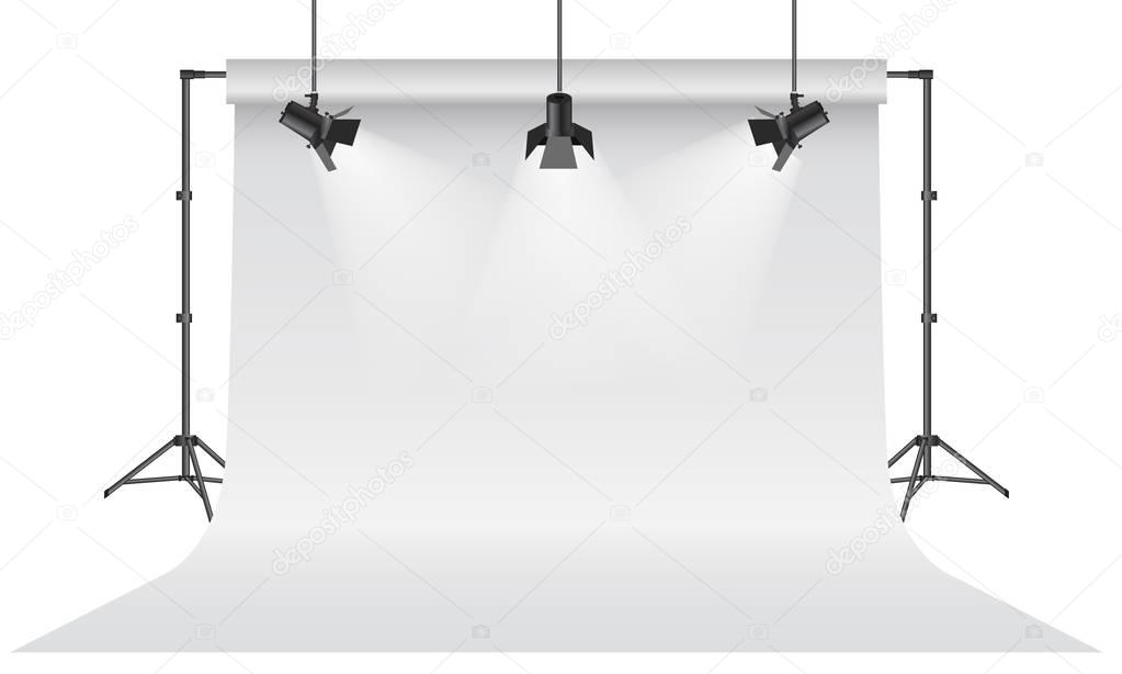 Empty photo studio. Realistic 3D white backdrop paper with tripod mock up design. Gray background.