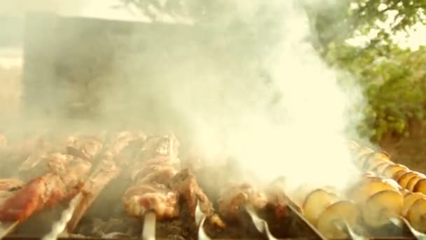 Barbecue met heerlijk gegrild vlees en aardappelen op de Grill. Barbecue Party. Houtskool barbecue. — Stockvideo
