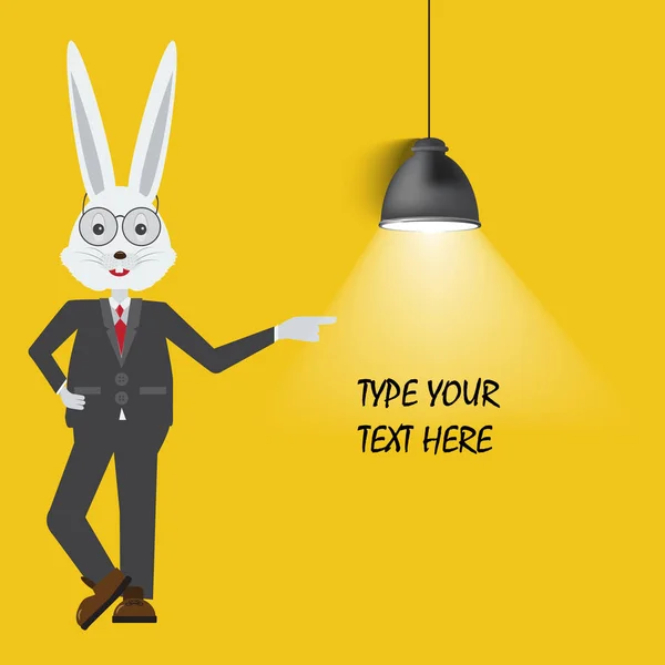 토끼 선생님 텍스트 또는 디자인에 대 한 빈 장소를 보여주는. 노란색 바탕에 매달려 램프. — 스톡 벡터