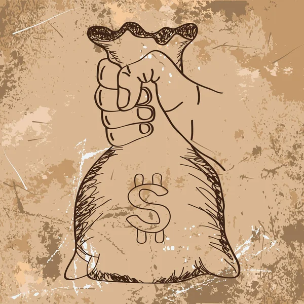 Mano sosteniendo vector bolsa de dinero con estilo de boceto de arte de línea con fondo grunge . — Vector de stock