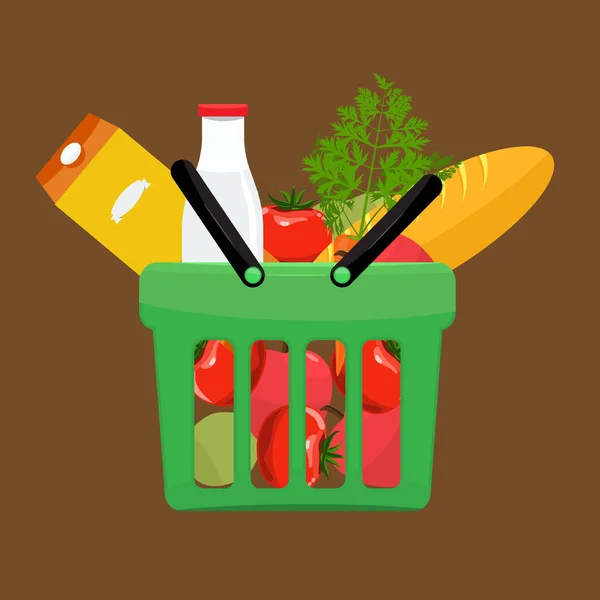 Green plastic shopping basket full of groceries products. Grocery store. — Stock Vector