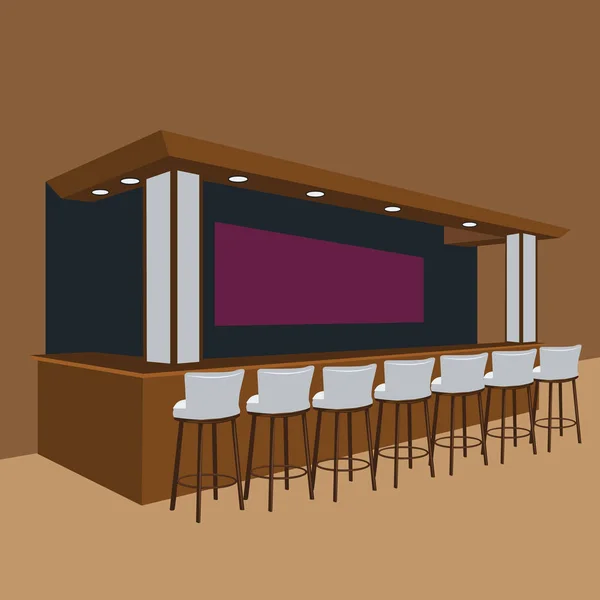 Bar vettoriale, interno pub, bancone in legno, sedie, mensole e lampade a tinta unita e piatta — Vettoriale Stock