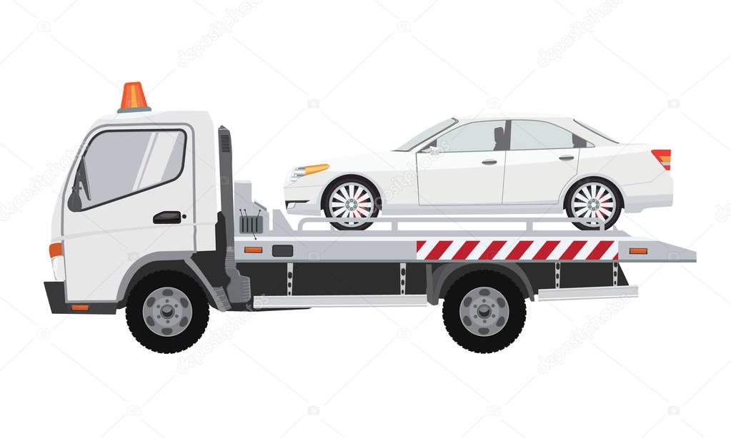 White tow truck with sedan car on it. Flat vector with solid color design.