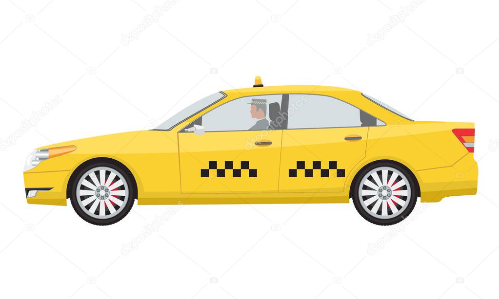 Yellow lux and vip taxi car and taxi driver with uniform.