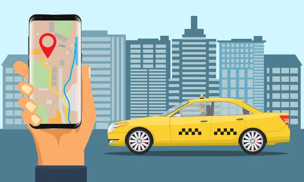 Serviço de táxi online. Amarelo táxi e mão segurando smartphone com aplicação de táxi . — Vetor de Stock