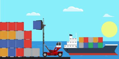 Konteyner bahçesinde yukarı kaldırma vinç. Düz ve katı renk tasarımı