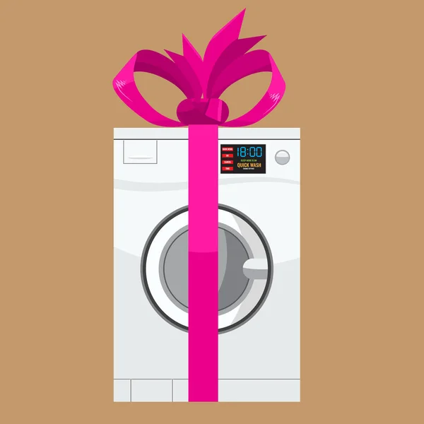 Máquina de lavar em detalhes com fita rosa para presente. Vetor ilustrado . — Vetor de Stock