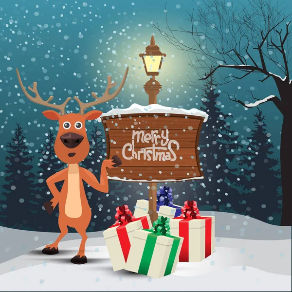 Natal cartão de saudação - fundo de inverno nevado com renas . —  Vetores de Stock