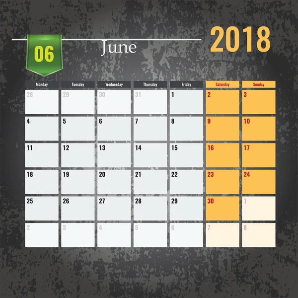 Kalendervorlage für 2018 Juni-Monat mit abstraktem Grunge-Hintergrund. — Stockvektor