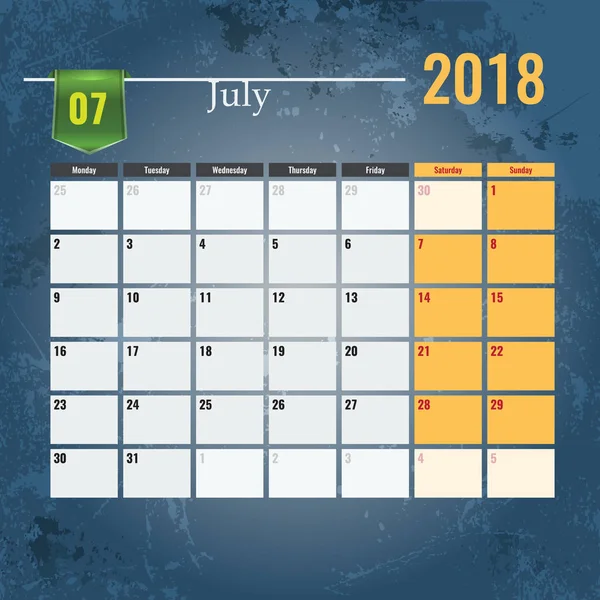 Modelo de calendário para 2018 mês de julho com fundo de grunge abstrato . — Vetor de Stock