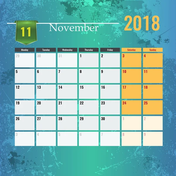 Kalendervorlage für 2018 November-Monat mit abstraktem Grunge-Hintergrund. — Stockvektor