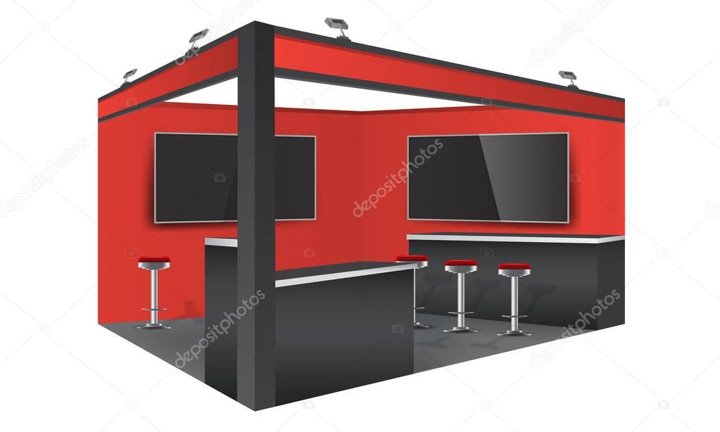 Exhibition stand display trade booth mockup design, white and grey colors. Illustrated vector.