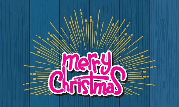 Merry Christmas text with hand lettering with starburst over wooden background. Illustrated vector. — Stock Vector