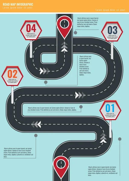 Modello di infografica alla moda con road map utilizzando puntatori e frecce . — Vettoriale Stock