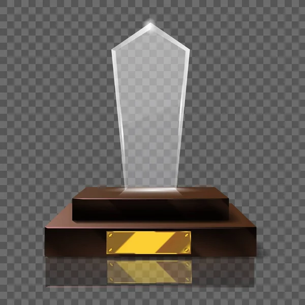 Prázdné realistické skleněné trofeje socha s prázdnou zlaté desky. Propagační předměty vysmívat se. — Stockový vektor