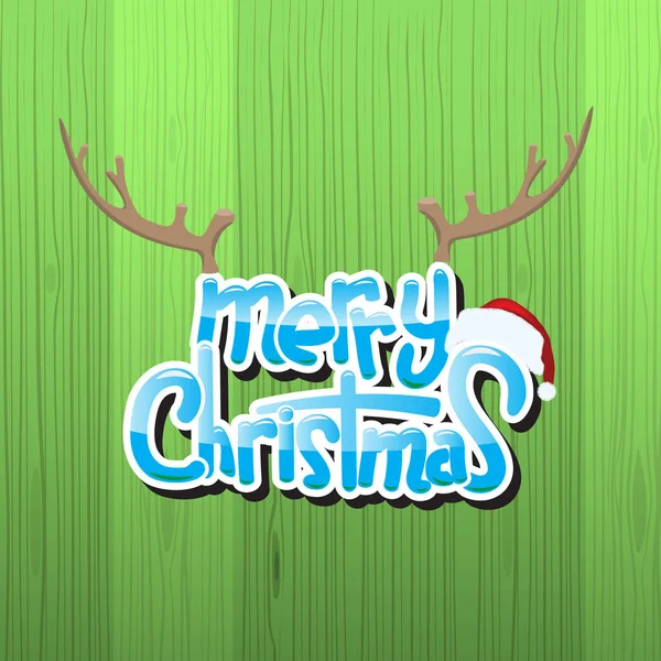 Brillante texto de Feliz Navidad con gorra de Navidad y cuerno de reno sobre fondo de madera . — Vector de stock