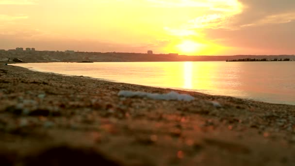 Písečná pláž na břehu Kaspického moře. Západ slunce nad okraj moře na horizont. — Stock video