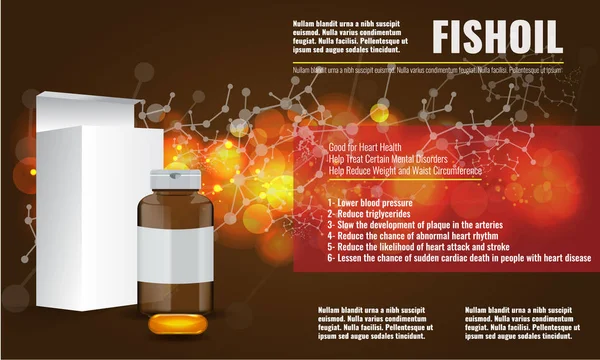 Niedlichen Fischöl-Anzeigen Layout-Design-Vorlage mit chemischem Hintergrund. — Stockvektor